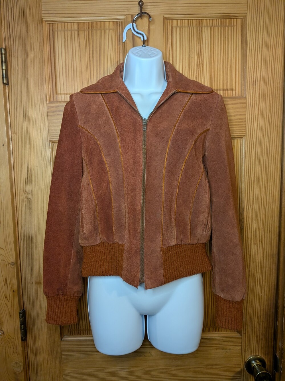 VTG 1970s Burnt Orange Suede Leather Bomber Jacket Womens S/M Cropped Mexico Mad